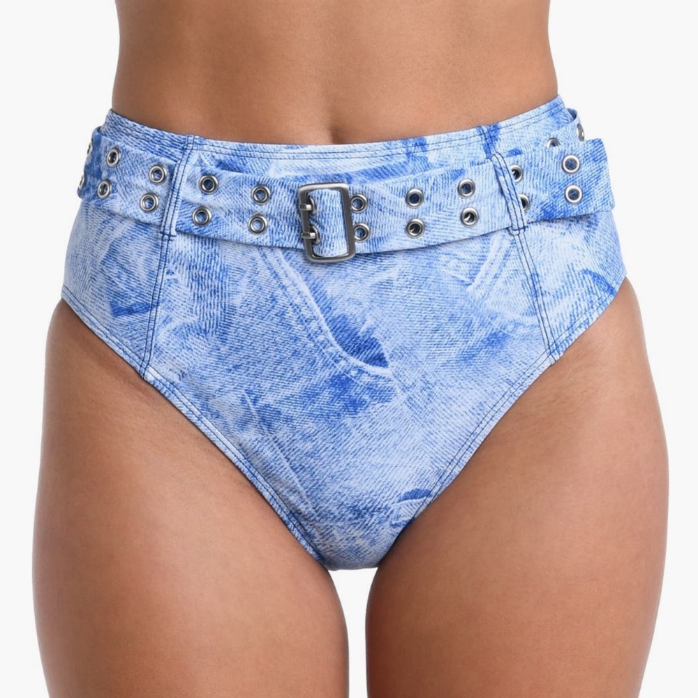 L'AGENCE Light Blue Denim-Print High-Waist Bikini Bottom with Belt